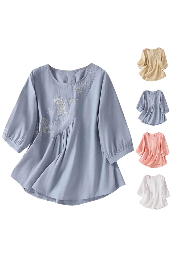 Cotton Linen Tops for Women Puff Sleeve Shirts Crewneck Embroidery Dressy Blouses Casual Loose Flowy Tops