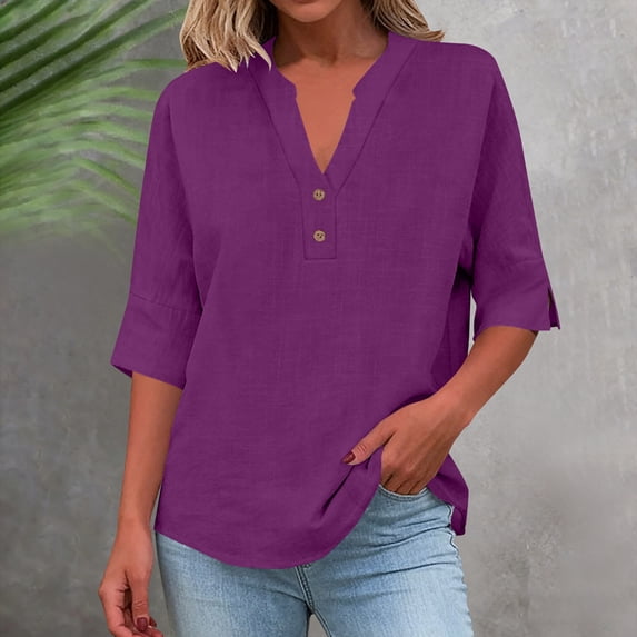 Wlynlyn Cotton Linen Tops for Women Summer Notch V-Neck Button Dressy Casual Shirts Loose Fitted Solid Color Beach Tees Shirts