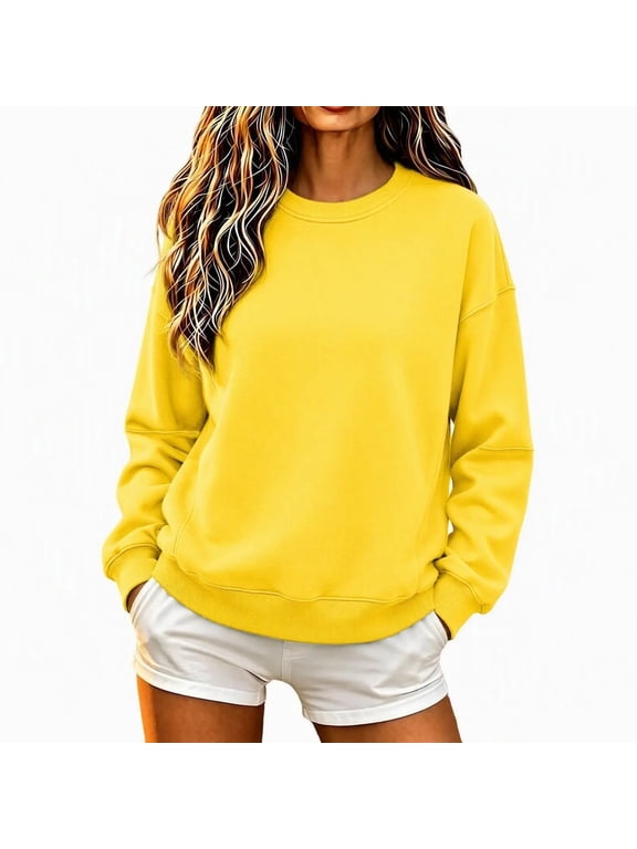 Crewneck Sweatshirts for Women Loose Soft Solid Plain Pullover Long Sleeve Tops Basic Workout Sweat Shirts(XX-Large,Yellow)