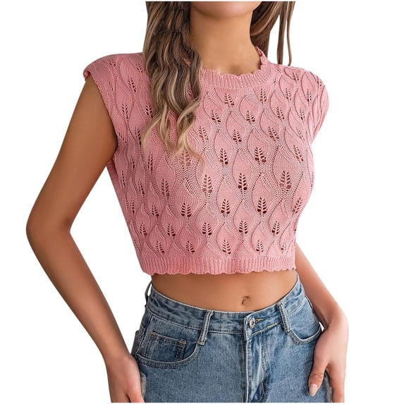 Wlynlyn Crop Tops for Women Hollow out Cap Sleeve Sweaters Crewneck Going out Knit Tops Trendy Tops Size S-XL
