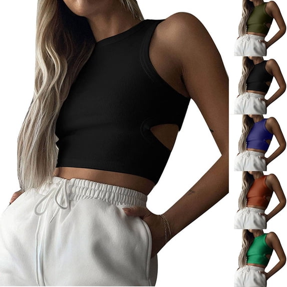 Wlynlyn Crop Tops for Women Sleeveless High Neck Shirts Cut out Back Going out Tops Ribbed Knit Basic Tees T Shirts