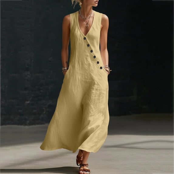 Wlynlyn Dresses for Women Summer Beach Sleeveless V Neck Low Cut Button up Solid Comfy Flowy Loose Maxi Sundress Wit Pockets