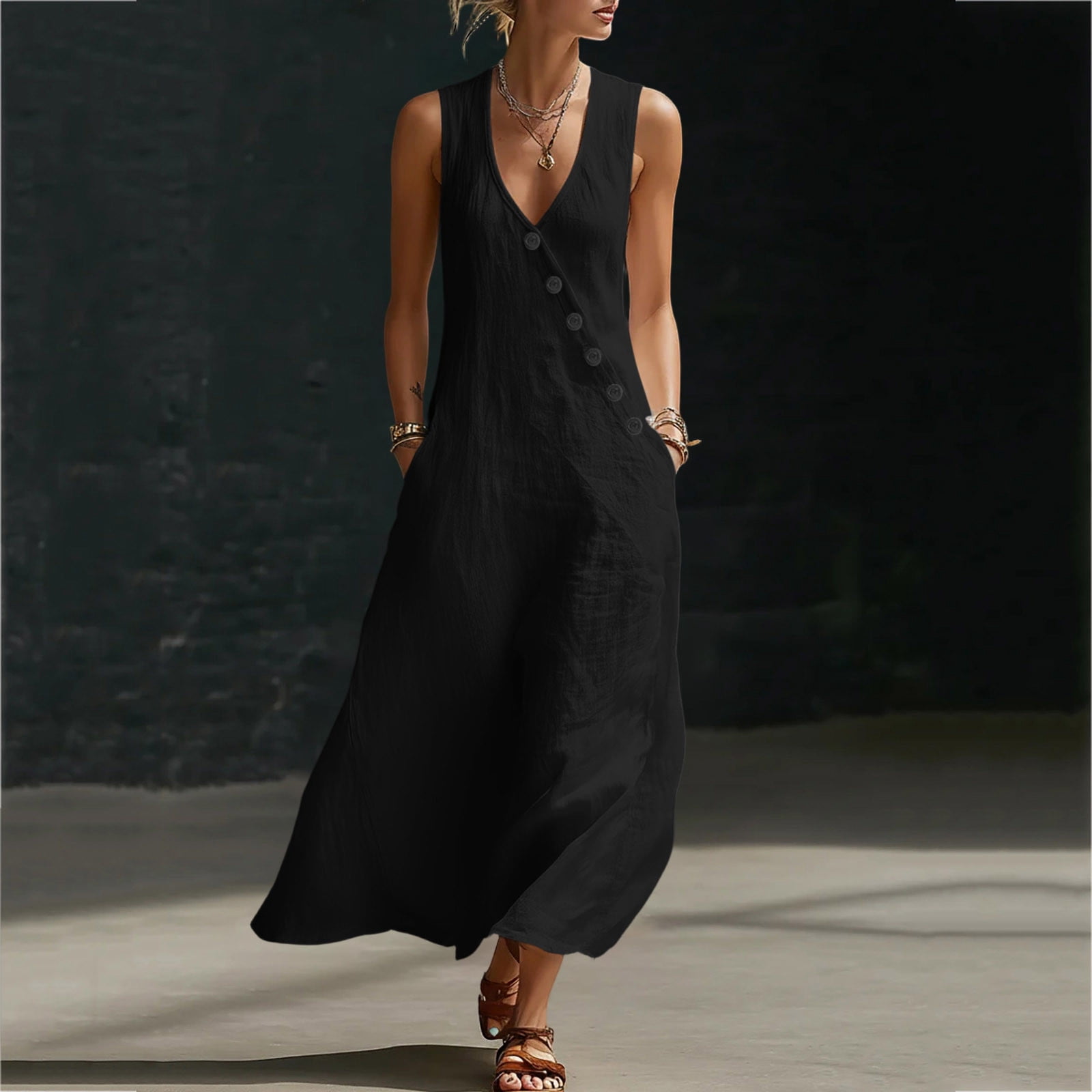 low cut flowy dresses Wlynlyn for Women Summer Beach Sleeveless V Neck Button up Solid Comfy Loose Maxi Sundress Wit Pockets, Women's, Size: 3XL Women’s