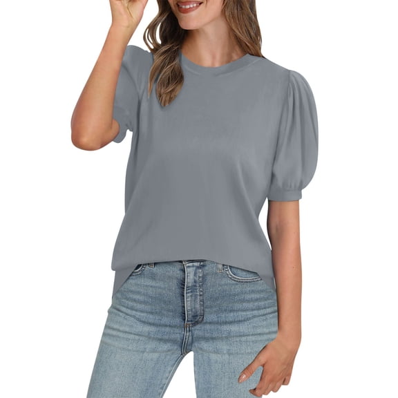 Wlynlyn Dressy Casual Tops for Women Round Neck Tees Puff Short Sleeve Shirts Casual Basic Tees L