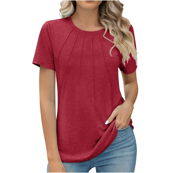 Wlynlyn Dressy Casual Tops for Women Short Sleeve Shirts Crewneck Pleated Blouses 2024 Trendy Clothes
