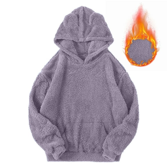 Wlynlyn Fuzzy Hoodies for Women Casual Fleece Long Sleeve Pajamas Sweatshirts Solid Color Loos Fitted Pullover Tops