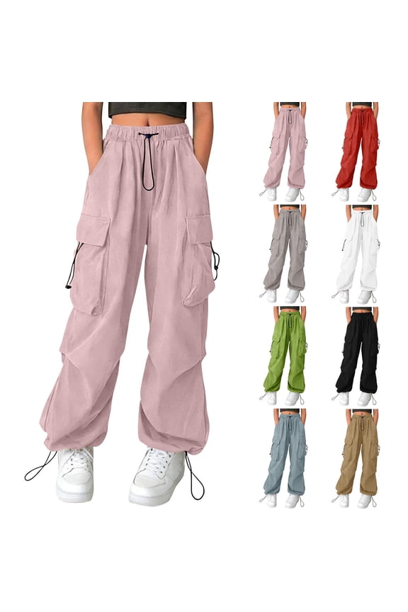 Girls Cargo Pants Outdoor Lightweight Hiking Solid Color Adjustable Waist with Pleats Baggy Cinch Bottom Trousers
