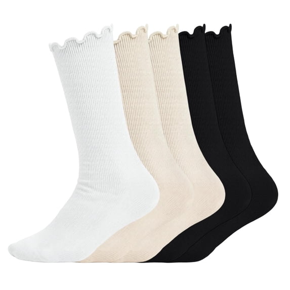 Wlynlyn Girls Kids Ruffle Socks 5 Pairs Solid Color Mid-Calf Socks Solid Color Uniform School Dress Cotton Crew Socks(6-14 Years,Khaki)