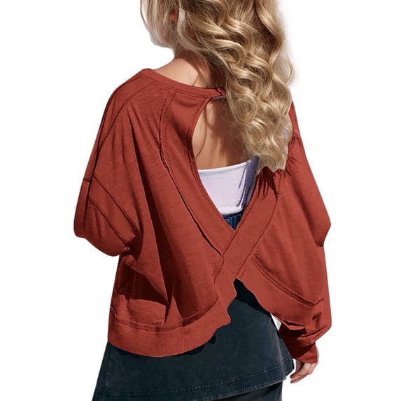 Wlynlyn Girls Long Sleeve Shirts Open Back Workout Tops Athletic Gym Running Yoga Cute Fashion Crop Tops(13-14 Years,Wine)