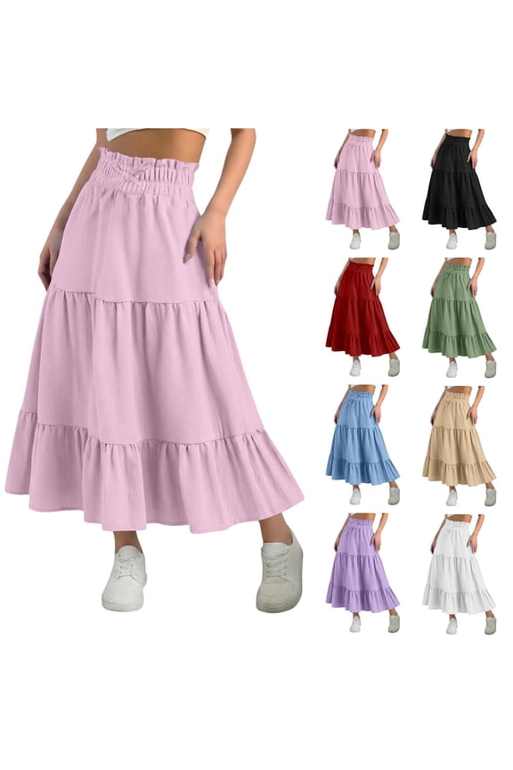 Girls Maxi Skirts Casual Tiered High Waist a Line Flowy Boho Summer Ankle Length Drawstring Skirts