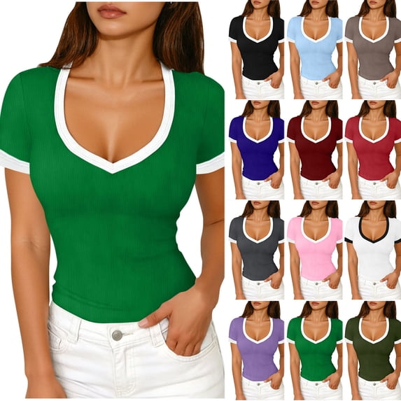 Wlynlyn Going Put Tops for Women Short Sleeve V Neck Low Cut Summer Color Block Soft Slim Fitted Ribbed Knit Crop T Shirts