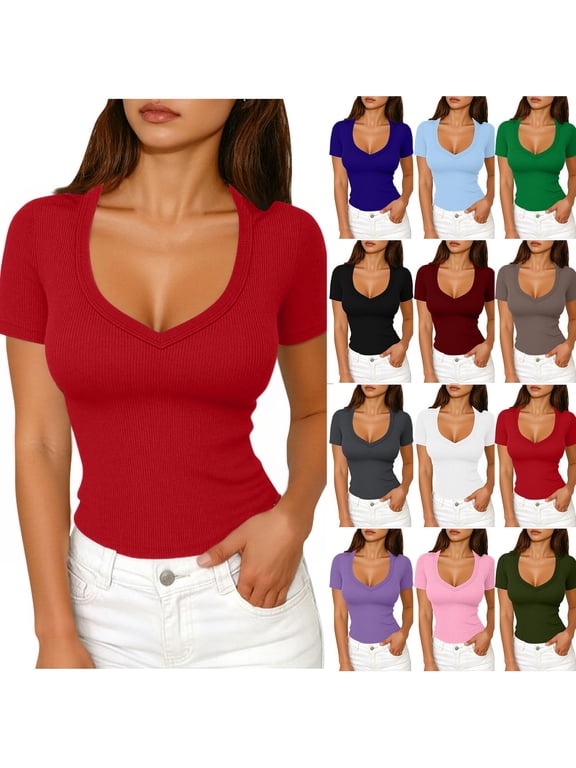Going Put Tops for Women Short Sleeve V Neck Low Cut Summer Tshirts Slim Fitted Ribbed Knit Crop Tees
