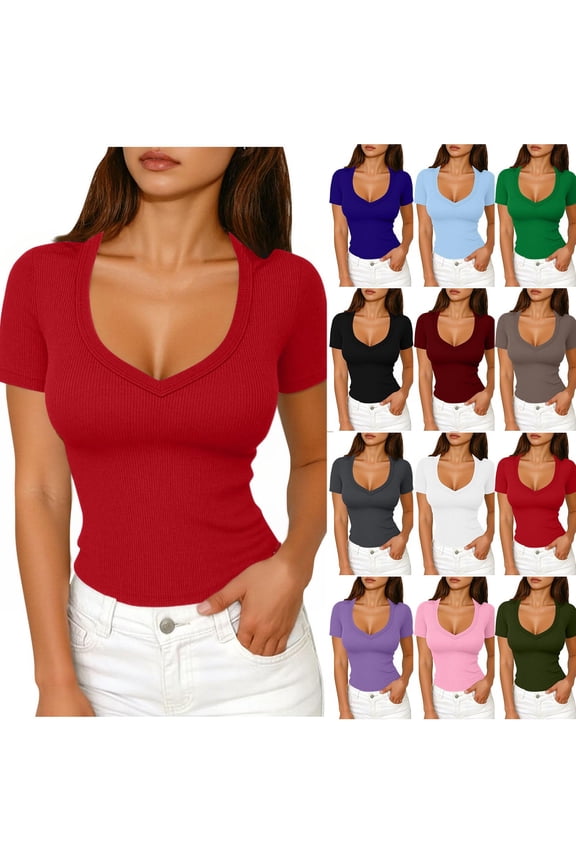 Going Put Tops for Women Short Sleeve V Neck Low Cut Summer Tshirts Slim Fitted Ribbed Knit Crop Tees