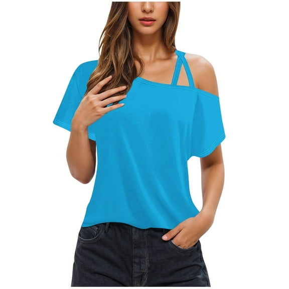 Wlynlyn Going out Tops for Women 1 Cold Shoulder Solid Color Short Sleeve Shirts Loose Fitted Tunic Shirts M