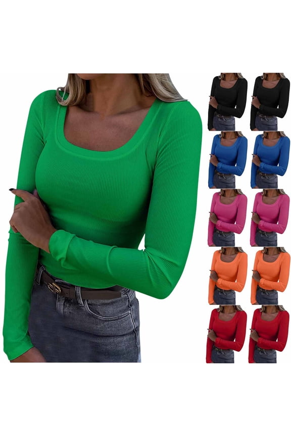 Going out Tops for Women Long Sleeve Shirts Scoop Neck Tops Tee Slim Fitted Ribbed Knit Basic Shirts