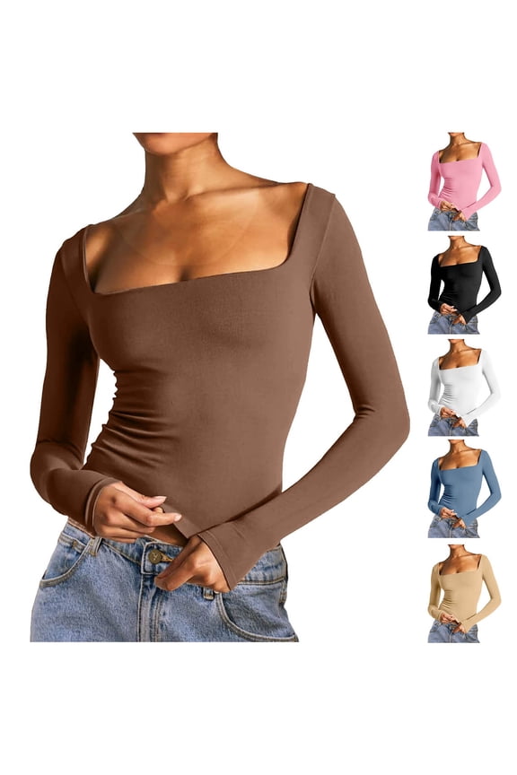 Going out Tops for Women Long Sleeve Tight Tees Shirts Square Neck Slim Fitted Stretchy Basic Base Layer Undershirts
