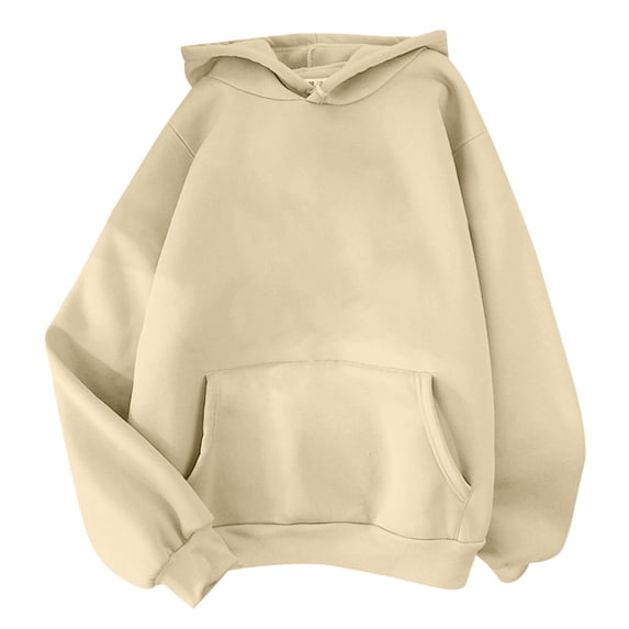 Wlynlyn Hoodie for Women Fleece Lined Long Sleeve Kangaroo Pocket Drop Shoulder Pullover Top Solid Color Basic Sweatshirts(Large,Beige)