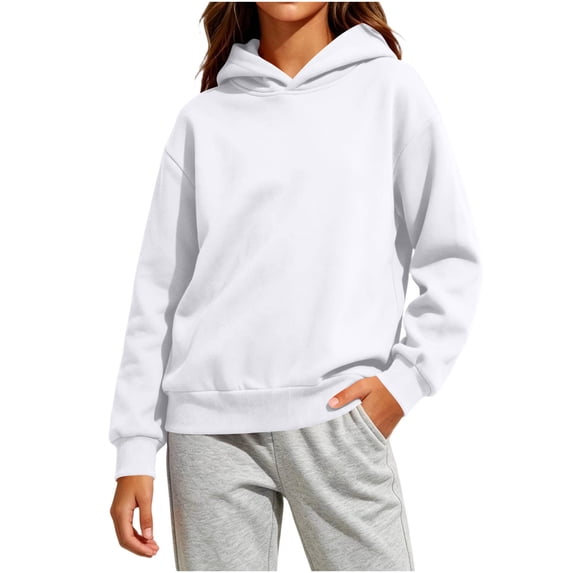 Wlynlyn Hoodies for Girls Casual Athletic Sweatshirts Fall Winter Fall Lightweight Pullover Tops Solid Color Long Sleeve Hooded Sweatshirt(11-12 Years,White)