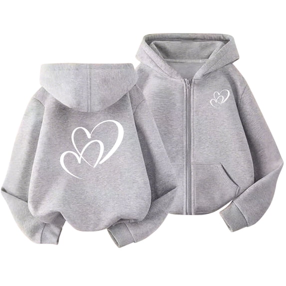 Wlynlyn Hoodies for Teen Girls Full Zip Heart Graphic Hooded Jacket Front Pocket Casual Sweatshirts Tops(Gray,4-5 Years)