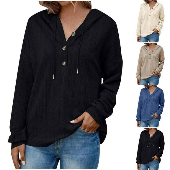 Wlynlyn Hoodies for Women Button V Neck Dressy Casual Textured Long Sleeve Loose Fall Pullover Tops Size XL