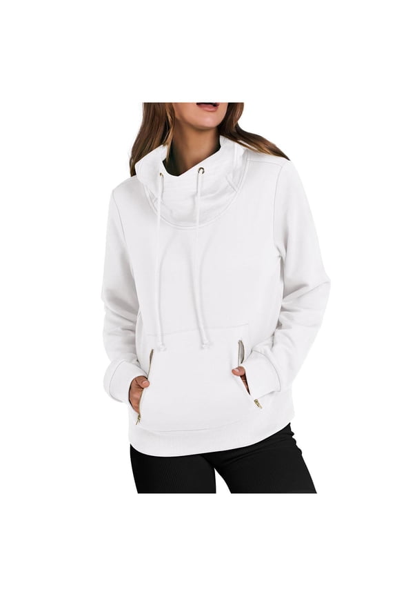 Hoodies for Women Cowl Neck Long Sleeve Sweatshirts Drawstring Casual Pullover Top Fall Fashion Clothes(Small,White)
