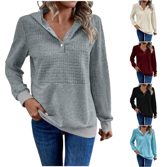 Wlynlyn Hoodies for Women Long Sleeve V Neck Buttons Pullover Tops Fall Dressy Casual Sweatshirts Size XL