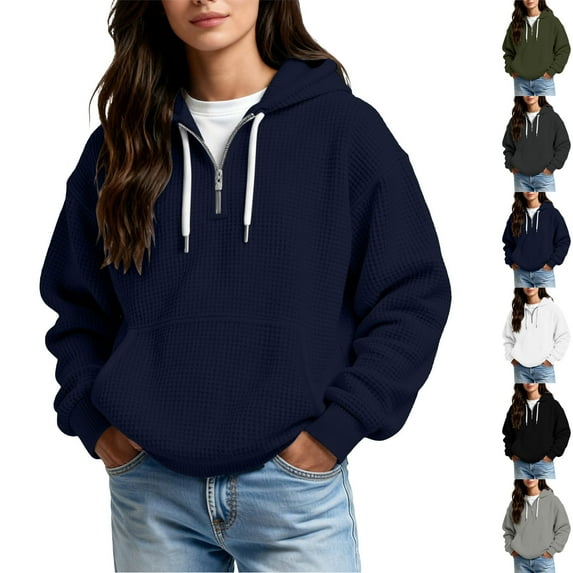 Wlynlyn Hoodies for Women Quarter Zip Textured Sweatshirts Loose Casual Fall Drawstring Pullover Solid Color Fashion Tops