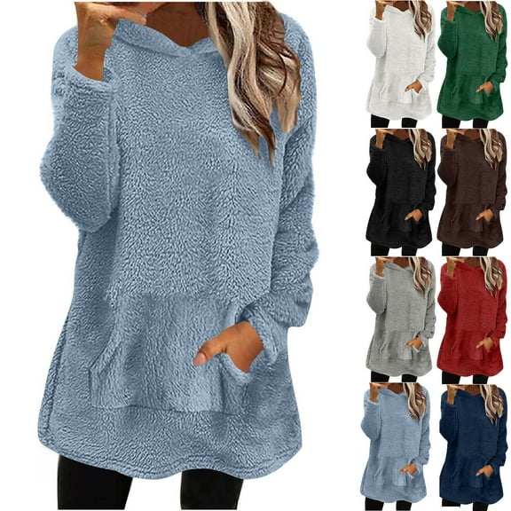 Wlynlyn Hoodies for Women Sherpa Fuzzy Long Sleeve Sweatshirt Casual Fall Lightweight Pullover Dress with Pockets