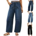 thumbnail image 1 of Wlynlyn Jeans Pants for Women Drawstring Elastic Waisted Wide Leg Denim Pants Pull on Lightweight Baggy Cropped Jeans, 1 of 10