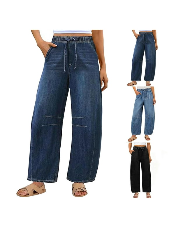 Jeans Pants for Women Drawstring Elastic Waisted Wide Leg Denim Pants Pull on Lightweight Baggy Cropped Jeans