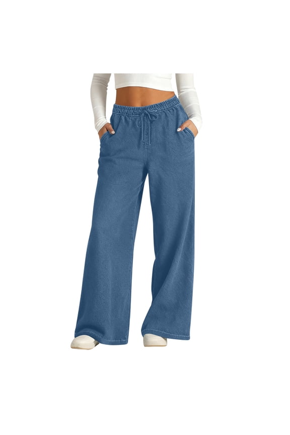 Wide Leg Pants for Women High Waisted Strechy Drawstring Pull on Denim Printed Casual Trousers with Pockets