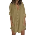 thumbnail image 1 of Wlynlyn Long Button down Shirts for Women Plus Size Swimsuit Cover up Summer V Neck Long Sleeve Casual Loose Dresses Tops(Khaki,4X-Large), 1 of 5