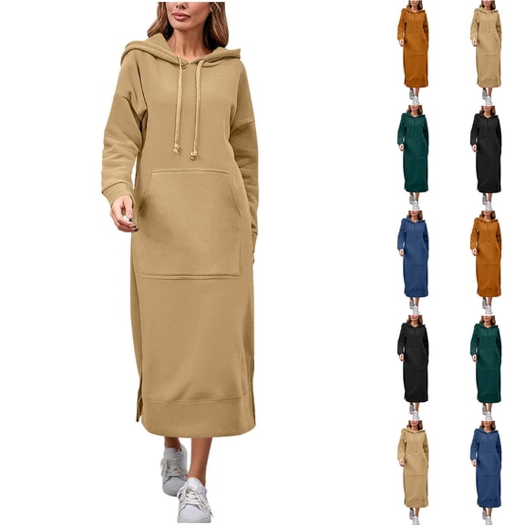 Wlynlyn Long Hoodies for Women Plus Size Fleece Drawstring Hooded Pullover Dresses Long Sleeve Loose Fitted Maxi Dress