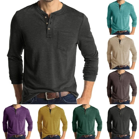 Wlynlyn Long Sleeve Shirt for Men Casual Crew Neck Buttons Loose Fitted Comfy Soft Work Golf Tops with Pocket