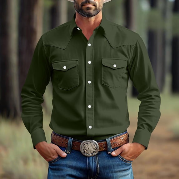 Wlynlyn Long Sleeve Shirts for Men Button down Cotton Work T-Shirts Casual Solid Color Loose Fitted Cowboy Shirt Jacket with 2 Pockets