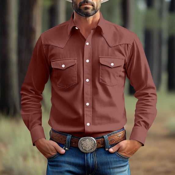 Wlynlyn Long Sleeve Shirts for Men Button down Cotton Work T-Shirts Casual Solid Color Loose Fitted Cowboy Shirt Jacket with 2 Pockets