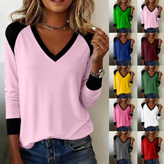 Wlynlyn Long Sleeve Shirts for Women Casual V Neck Color Block Tunic Tops Loose Fitted Cozy Soft T-Shirts