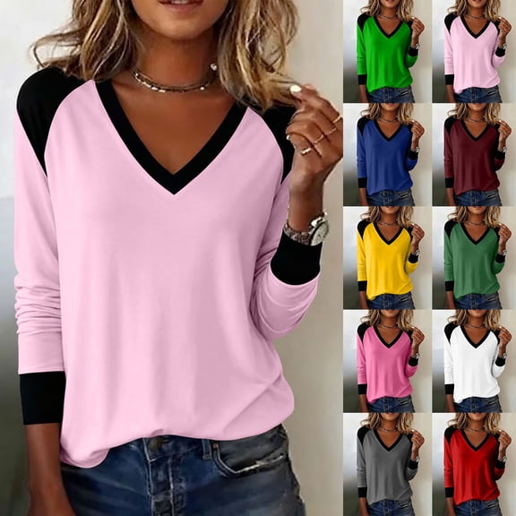 Wlynlyn Long Sleeve Shirts for Women Casual V Neck Color Block Tunic Tops Loose Fitted Cozy Soft T-Shirts