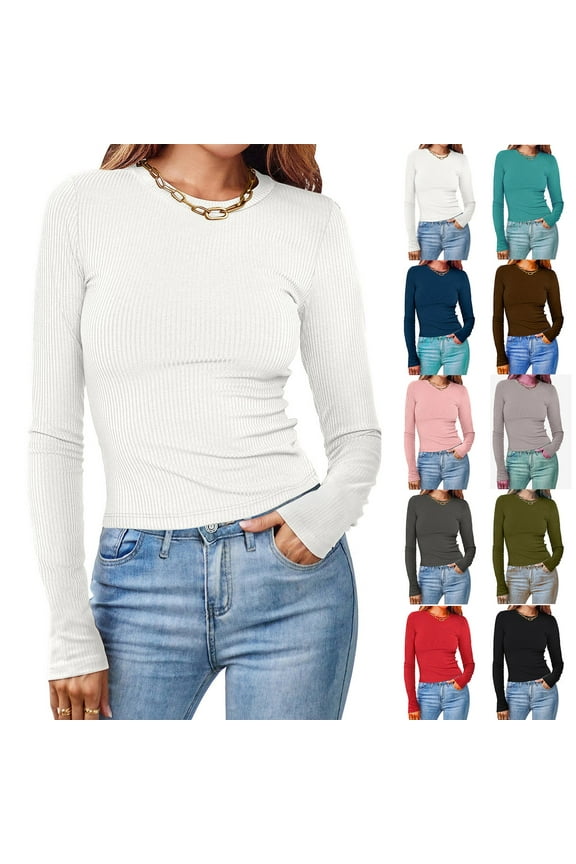 Long Sleeve Shirts for Women Ribbed Knit Going out Tops Crewneck Stretchy Slim Fitted Basic Tees Fall Top