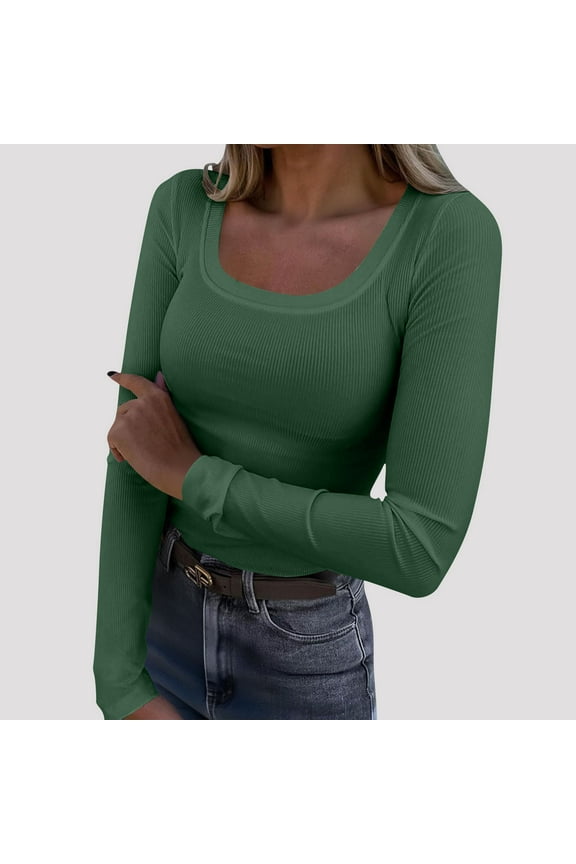 Long Sleeve Tops for Women Casual Scoop Neck Slim Fitted Stretch Base Layer Going out Tops Trendy Solid Crop Tees