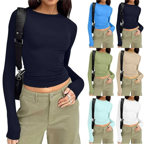 Wlynlyn Long Sleeve Tops for Women Casual Solid Color Slim Fitted Crewneck Tees Soft Comfy Base Layer Going out Tops