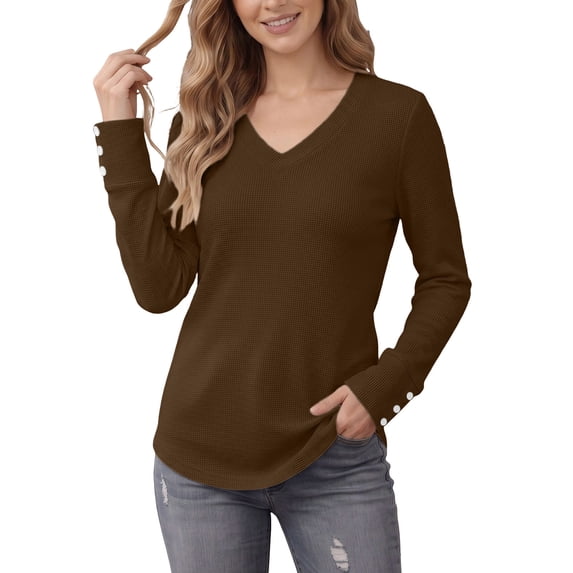 Wlynlyn Long Sleeve Tops for Women Casual V Neck Loose Fitted Solid Color Textured Knitted Basic Pullover Sweater Shirts(Small,Coffee)