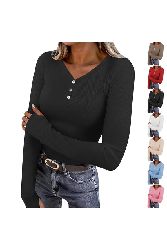 Long Sleeve Tops for Women Casual V Neck Ribbed Knit Going out Tops Slim Fitted Stretch Base Layer T-Shirts