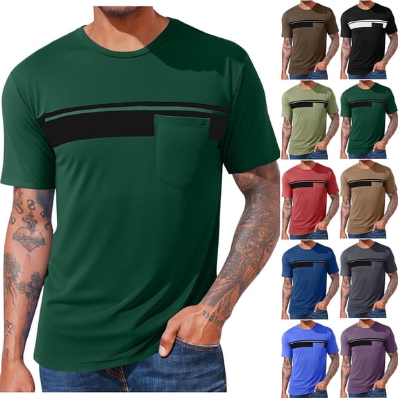 Wlynlyn Mens T-Shirts Casual Crewneck Color Block Basic Tees Loose Fitted Solid Beach Vacation Plain Tops