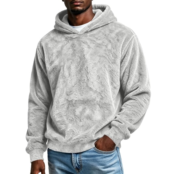 Wlynlyn Mens Fuzzy Sherpa Hoodie Fleece Drawstring Pullover Loose Fitted Thick Winter Outwear Casual Daily Wear Sweatshirt(Small,Gray)