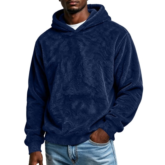 Wlynlyn Mens Fuzzy Sherpa Hoodie Fleece Drawstring Pullover Loose Fitted Thick Winter Outwear Casual Daily Wear Sweatshirt(Small,Navy)
