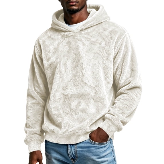 Wlynlyn Mens Fuzzy Sherpa Hoodie Fleece Drawstring Pullover Loose Fitted Thick Winter Outwear Casual Daily Wear Sweatshirt(X-Large,White)