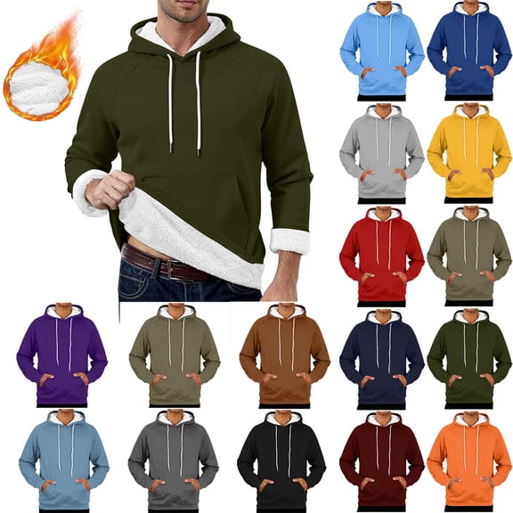 Wlynlyn Mens Hoodies Fleece Sherpa Lined Sweatshirts Winter Warm Drawstring Solid Color Pullover with Pocket