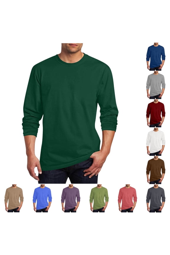 Mens Long Sleeves Shirts Crewneck Loose Fitted Solid Color Plus Size Tops Comfy Plain Basic Tees