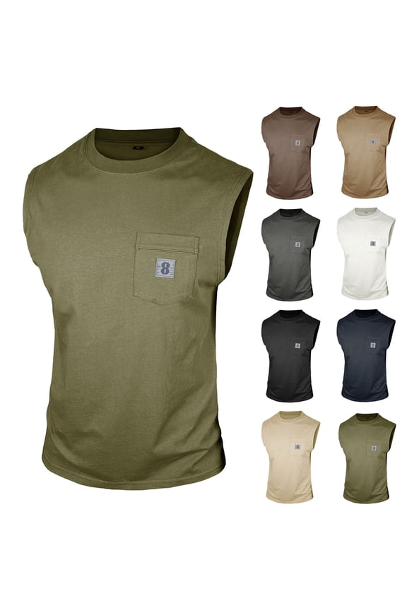 Mens Sleeveless Tank Tops Workout Cut off Loose Fitted Shirts Muscle Gym T Shirts with Chest Pocket